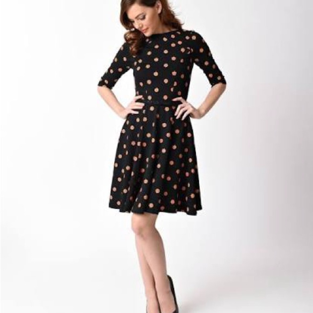 Unique Vintage Black and Pink Polka Dot Midi Dress
